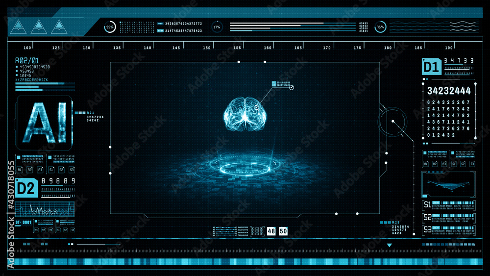 Artificial intelligence concept. Brain over a circuit board and scanning. Graphic user interface head up display. Future technology digital screen background. 3d rendering