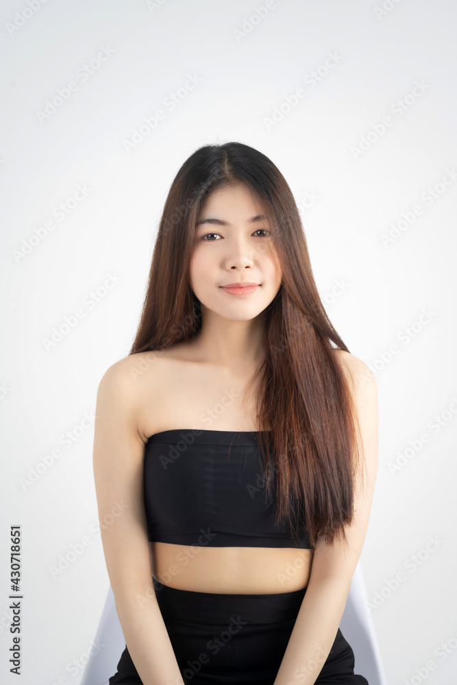 Portrait of beautiful asian woman makeup of cosmetic, girl hand touch cheek and smile attractive, face of beauty perfect with wellness isolated on white background with skin healthcare concept. Portrait of beautiful asian woman makeup of cosmetic, girl hand touch cheek and smile attractive, face of beauty perfect with wellness isolated on white background with skin healthcare concept.