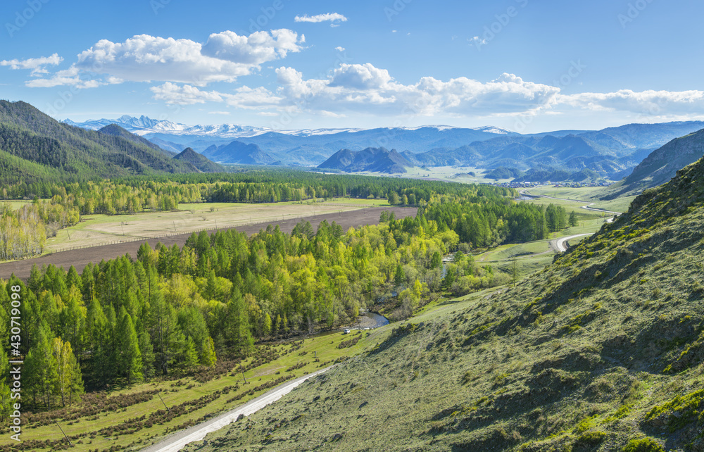 Naklejka premium Mountain valley on a spring sunny day, snow on the peaks and greenery