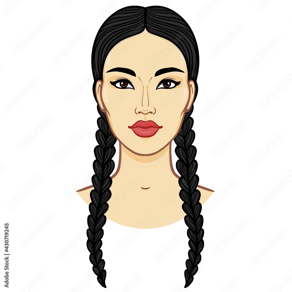 Asian beauty. Animation portrait of a beautiful girl with braids .  Vector color illustration isolated on a white background. Print, poster, t-shirt, card. - obrazy, fototapety, plakaty 