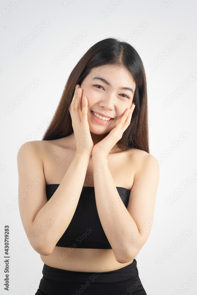 Portrait of beautiful asian woman makeup of cosmetic, girl hand touch cheek and smile attractive, face of beauty perfect with wellness isolated on white background with skin healthcare concept. Portrait of beautiful asian woman makeup of cosmetic, girl hand touch cheek and smile attractive, face of beauty perfect with wellness isolated on white background with skin healthcare concept.