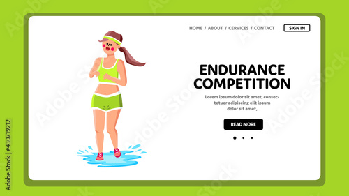 Endurance Competition Participant Girl Vector. Young Woman Running Marathon Endurance Competition. Character Lady Run On Water Puddle With Splash Sport Active Time Web Flat Cartoon Illustration