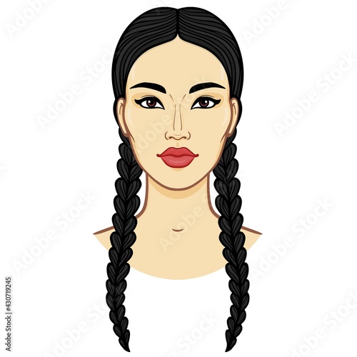 Asian beauty. Animation portrait of a beautiful girl with braids .  Vector color illustration isolated on a white background. Print, poster, t-shirt, card.