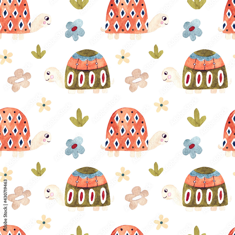 Seamless cute  pattern in scandinavian style for kids with turtles illustrations. 
