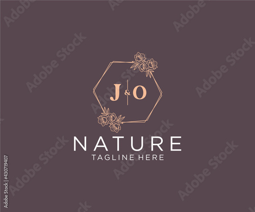 initial JO letters floral frames. Botanical feminine editable premade monoline unique decoration for greeting card, wedding invitation.
