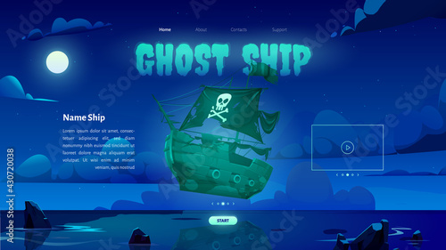 Ghost ship banner with sea landscape with ghostly sailboat at night. Vector landing page of online game with cartoon illustration of abandoned broken pirate ship with black flag and skull on sail