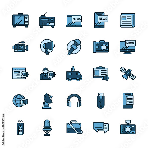 Set of Mass media icons with outline color style.