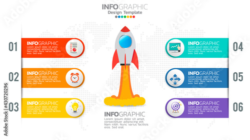 6 steps startup infographics with rocket launch. business and finance concept.