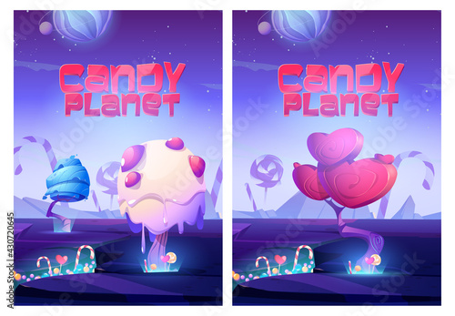 Candy planet posters with unusual trees from cream and caramel in heart shape, candy canes and lollipop. Invitation flyers to sweet store or restaurant. Vector cartoon banner of arcade game