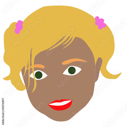 Rostro de niña rubia con dos colitas en el pelo. Fondo transparente photo