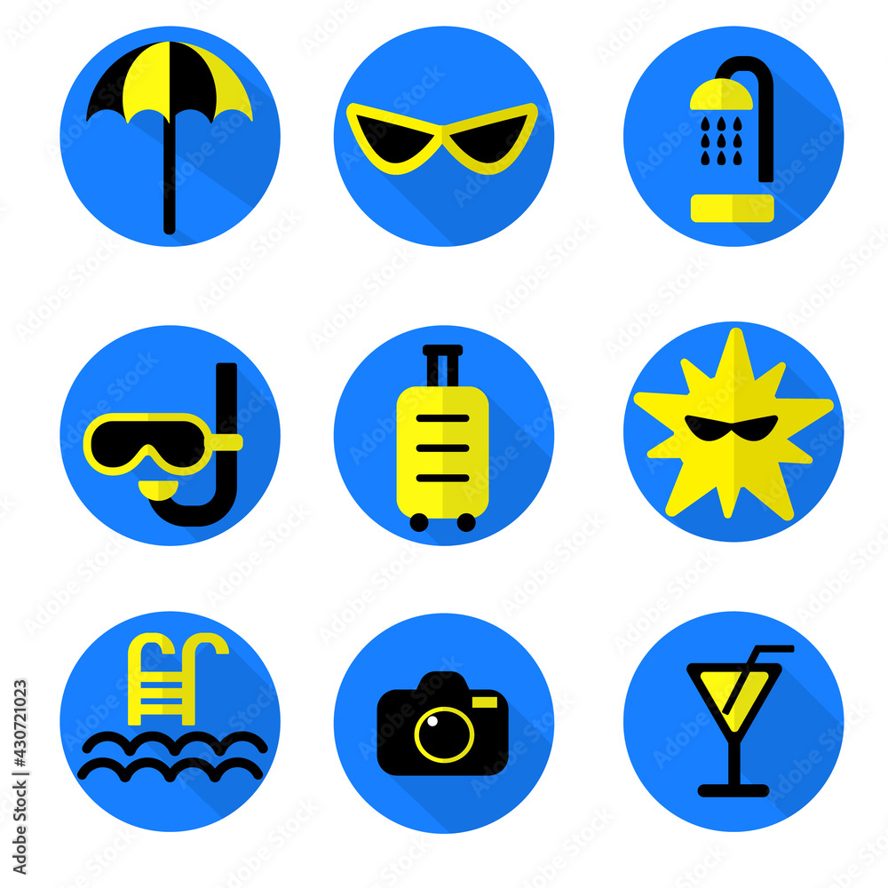 Fototapeta premium Flat icons vector set with shadow effect in bright blue and yellow colors of traveling, tourism and vacation theme. Isolated on white background. Social media icons.