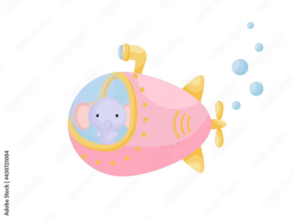 Cute little elephant sail on pink submarine. Cartoon character for childrens book, album, baby shower, greeting card, party invitation, house interior. Vector stock illustration. Cute little elephant sail on pink submarine. Cartoon character for childrens book, album, baby shower, greeting card, party invitation, house interior. Vector stock illustration.