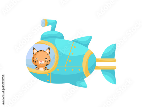 Cute little lynx sail on turquoise submarine. Cartoon character for childrens book, album, baby shower, greeting card, party invitation, house interior. Vector stock illustration.