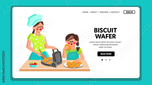 Biscuit Wafer Cooking Mother With Daughter Vector. Woman With Child Cooking And Baking Biscuit Wafer On Kitchen With Electronic Bakery Device. Characters Cook Cakes Web Flat Cartoon Illustration