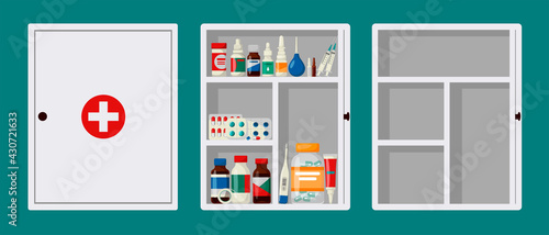Cabinet first aid kit with open and closed door. Empty and full medical cabinet, vector illustration in cartoon style. White first aid kit on a green background.
