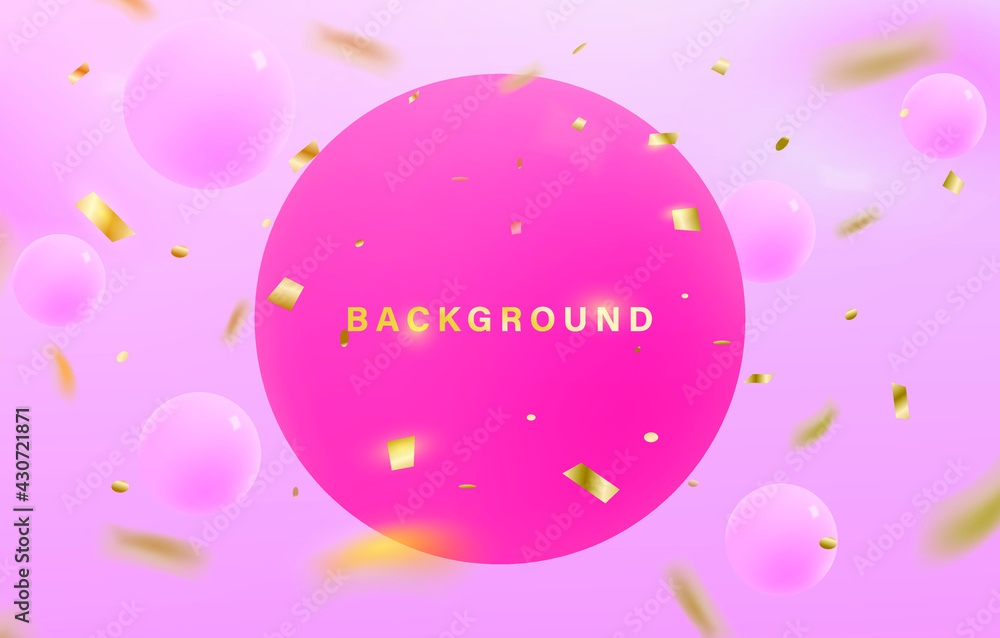 Abstract background party celebration or background with golden ribbons falling in pink gradient background. Background with shiny spheres and gold confetti. Vector illustration EPS10.
