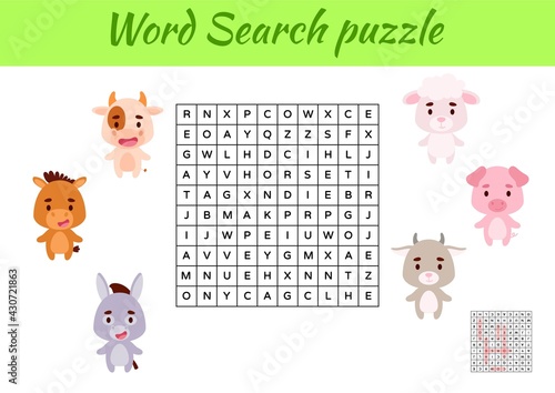 Game template word search puzzle of animals for children with pictures. Kids activity worksheet printable version. Educational game for study English words. Includes answers. Vector stock illustration