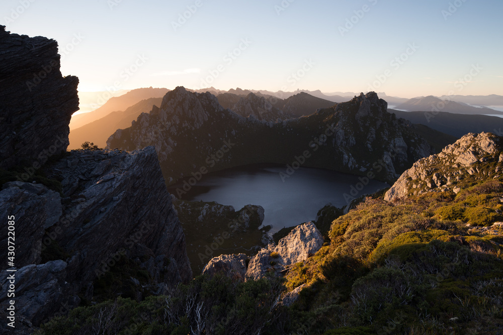 Sunrise over Lake Oberon and the Western Arthur Range. Southwest National Park, Tasmania. World Heritage Area