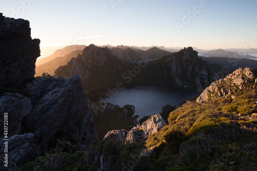 Sunrise over Lake Oberon and the Western Arthur Range. Southwest National Park, Tasmania. World Heritage Area