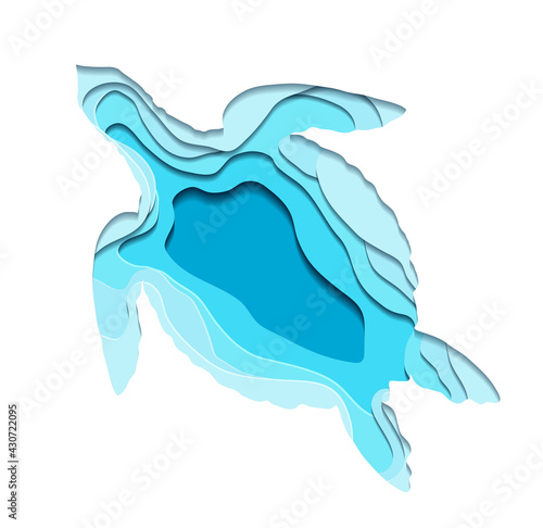 Paper cut layered turtle illustration. Ocean dwellers. Silhouette of a marine reptile. Vector blue drawing of origami aquatic animal on a white background.
