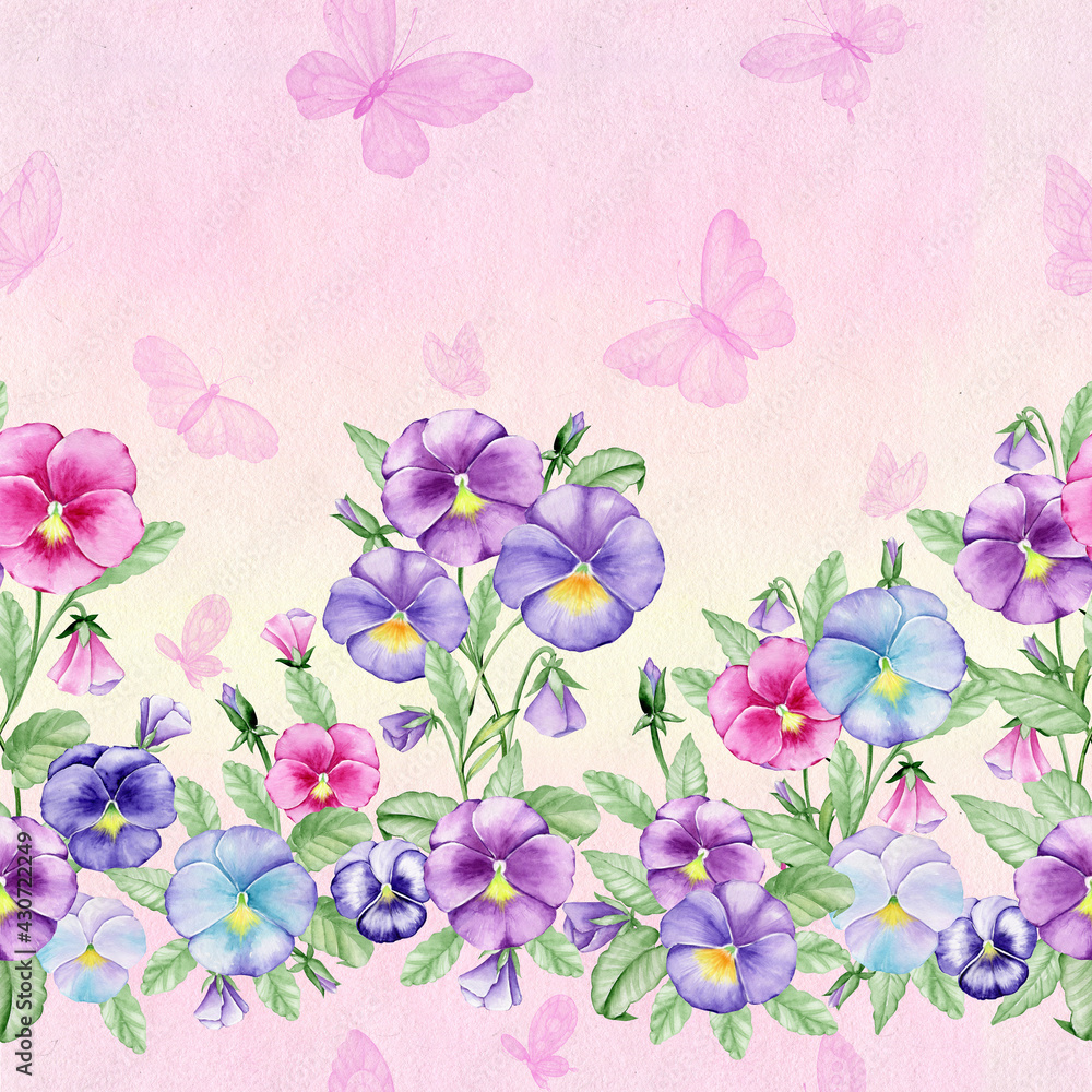 Pansies, butterflies. A seamless watercolor pattern, on a gradient background.