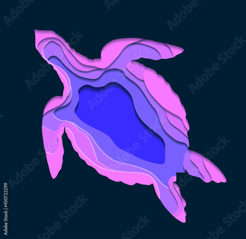 Paper cut layered turtle neon illustration. Ocean dwellers. Silhouette of a marine reptile. Vector violet drawing of origami aquatic animal on dark blue background.