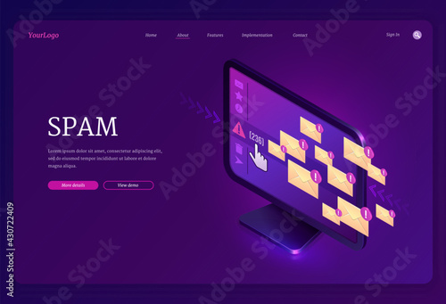 Spam banner. Concept of junk internet messages in mail box, phishing emails and advertising letters. Vector landing page with isometric computer screen with envelopes with exclamation signs