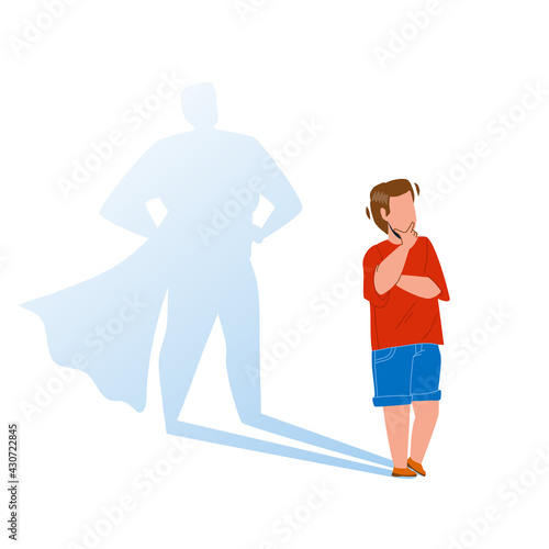 Boy Child Dreaming To Stay Brave Super Hero Vector. Cute Little Kid Guy Dreaming To Become Courageous Superchild. Preteen Character Superhero, Childhood Dream Flat Cartoon Illustration