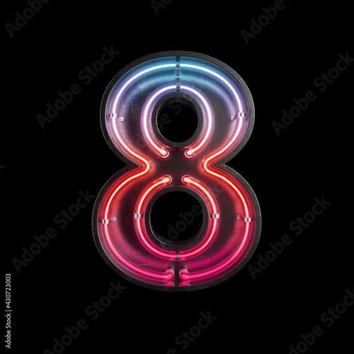 Number 8, Alphabet made from Neon Light with clipping path