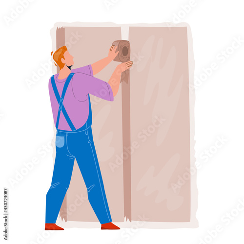 Drywall Installer Making Wall Renovation Vector. Builder Working And Finish Install Drywall. Character Construction Worker Building Professional Occupation Flat Cartoon Illustration