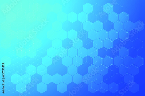 Abstract Light Blue on hexagonal background with hexagon line and dot background. Medical technology template for presentation in hospital. Blank space and clean background of chemical.
