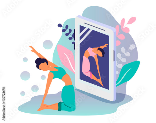 vector illustration - a smartphone on the screen of which the girl is engaged in yoga. online yoga, sports on the Internet. trending flat illustration for websites, magazines, applications
