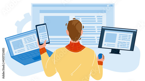 Front End Development Developer Occupation Vector. Young Man Working At Computer, Front End Development Professional Business. Character Boy It Worker Developing Flat Cartoon Illustration