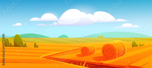 Rural landscape with hay bales on agriculture farm field. Vector cartoon illustration of countryside, farmland with round wheat straw rolls, yellow haystacks and barns