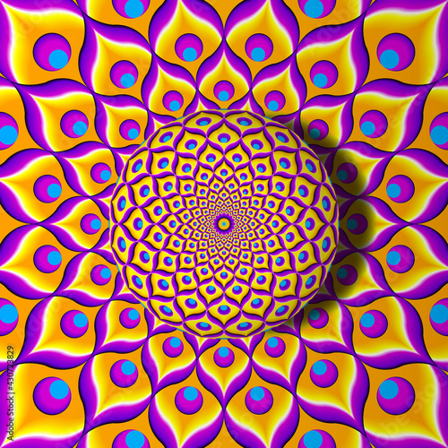 Yellow background from feathers of peacock with growing sphere. Optical expansion illusion.