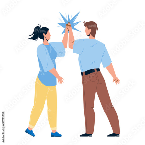 Man Giving High Five Young Woman Friend Vector. Friendly People Giving High Five Together, Greeting Or Celebrating Success. Characters Congratulating, Funny Time Flat Cartoon Illustration