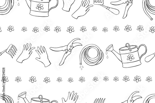 Seamless pattern with outline garden equipments: watering can, rake, hoe, gloves, pruner, hose for irrigation. Vector backgrounds and textures with tools gardening in doodle style