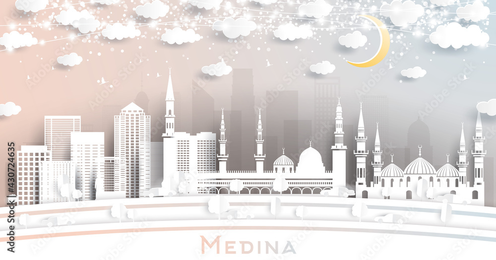 Medina Saudi Arabia City Skyline in Paper Cut Style with White Buildings, Moon and Neon Garland.