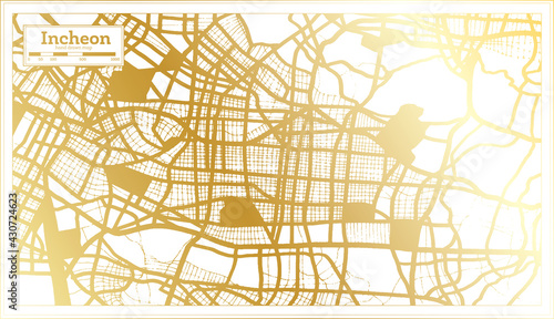 Incheon South Korea City Map in Retro Style in Golden Color. Outline Map.