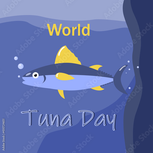 World Tuna Day. Cartoon fish in the open sea background. Vector flat cartoon illustration