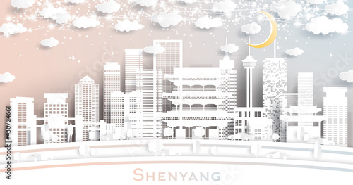 Shenyang China City Skyline in Paper Cut Style with White Buildings  Moon and Neon Garland.