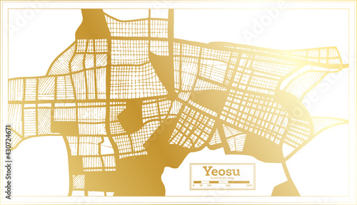 Yeosu South Korea City Map in Retro Style in Golden Color. Outline Map.