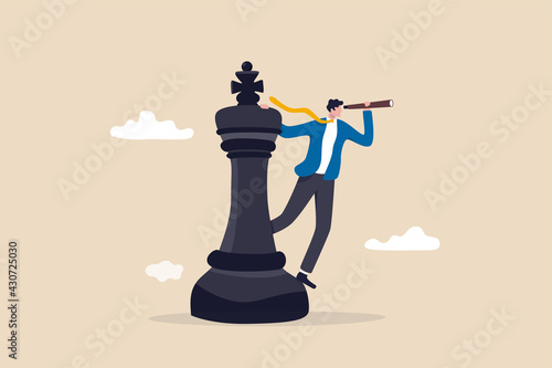 Business planning strategy, leadership vision to make decision, management or business opportunity concept, business man leader standing on king chess piece using telescope to see business vision.
