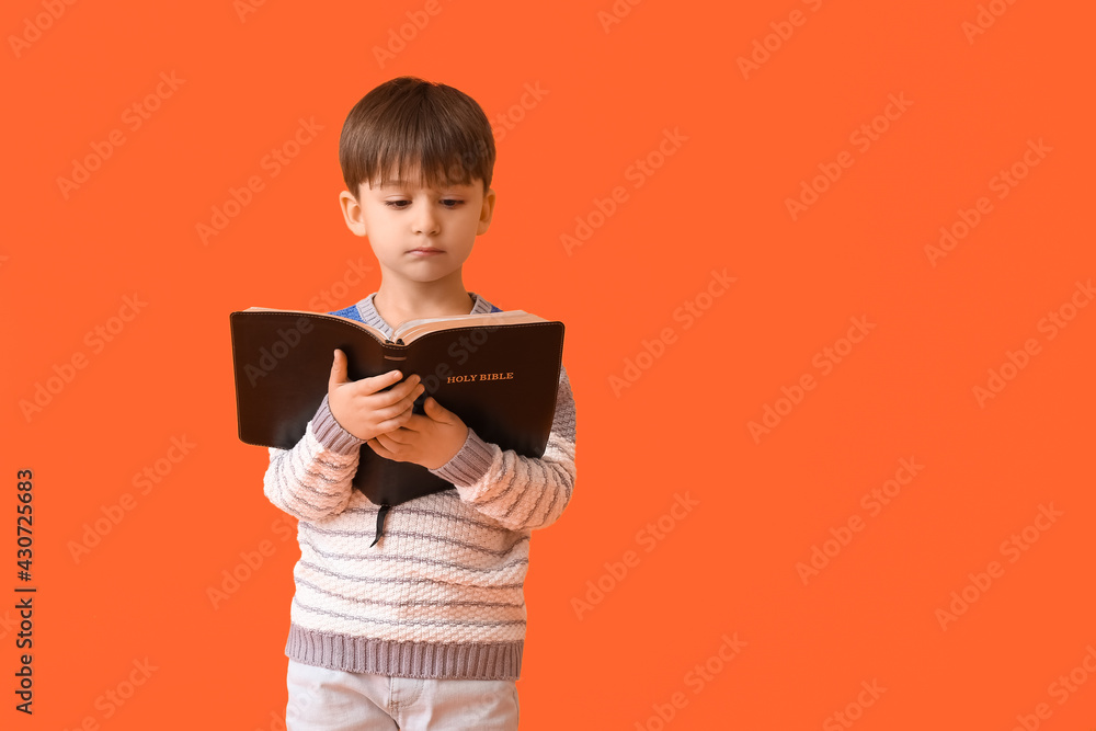Fototapeta premium Little boy with Bible on color background