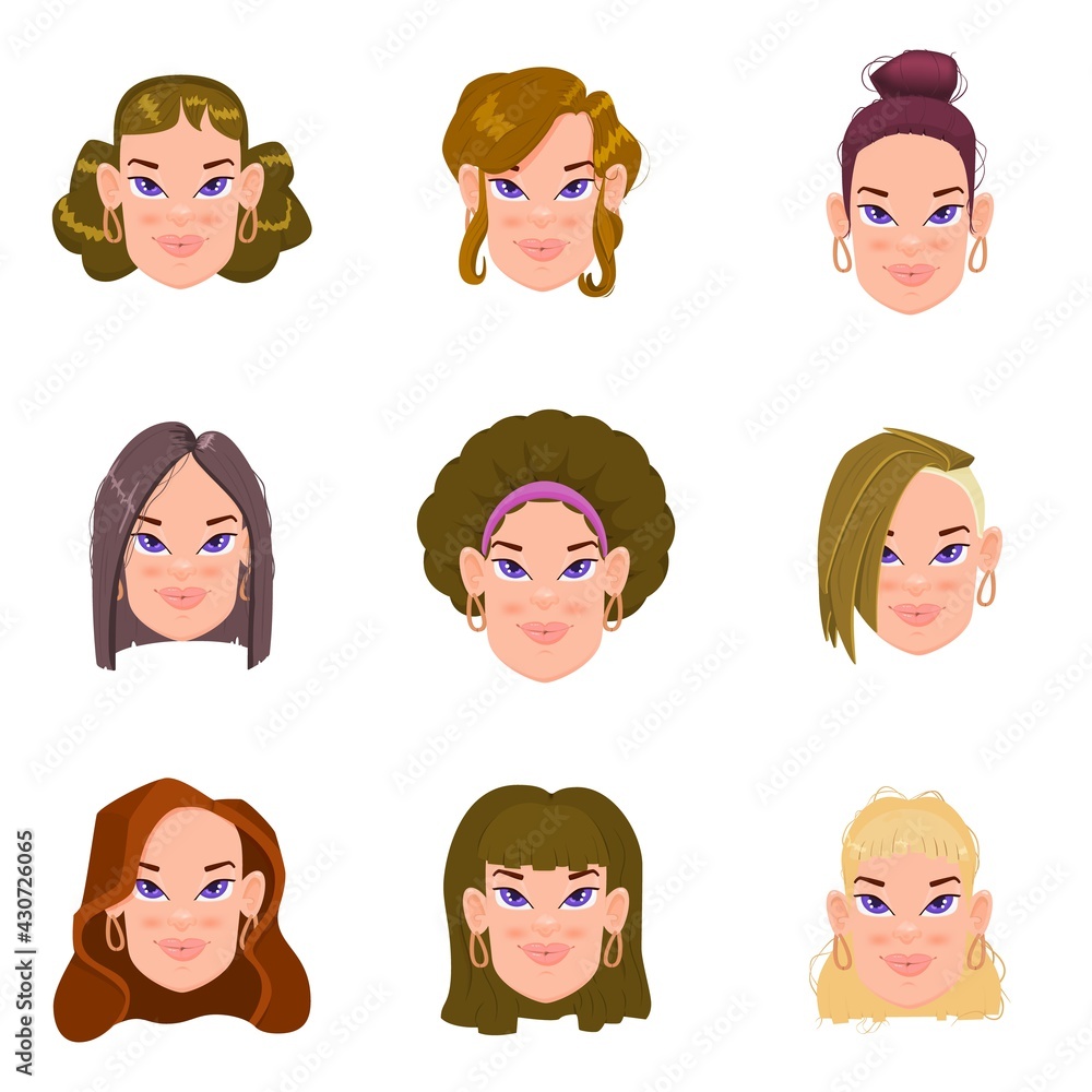 Set of cute flat women avatars with different hairstyles Set of cute flat women avatars with different hairstyles