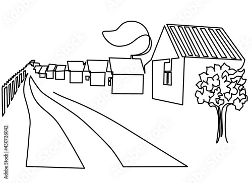 a village with a rural road and residential buildings