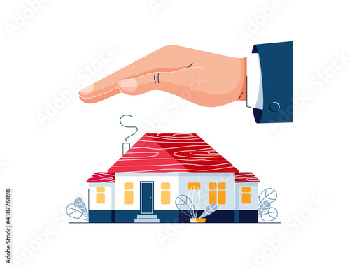 Protect your home vector illustration. Male hand is protecting the house building. House insurance, real estate protection, property protection, home safety security concept for banner. Flat design