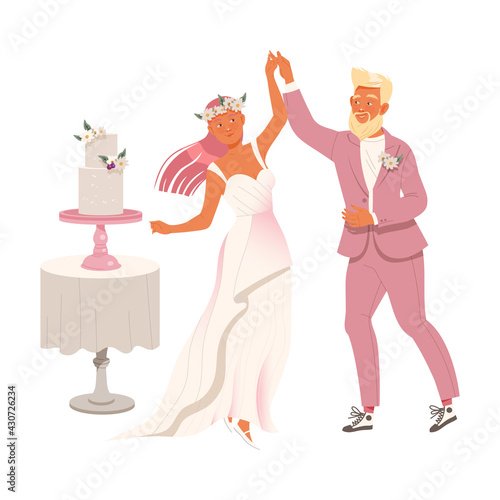 Affectionate Newlyweds Couple as Just Married Male and Female in Wedding Dress Dancing Waltz Vector Illustration