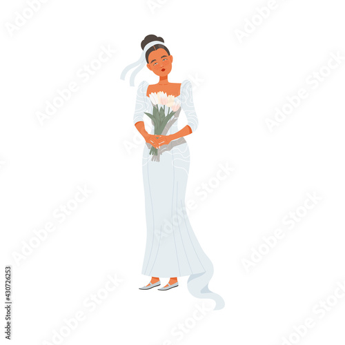 Young Bride in White Wedding Dress Holding Bouquet as Newlywed or Just Married Female Vector Illustration