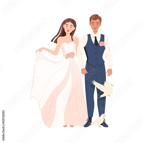 Fototapeta Naklejka Na Ścianę i Meble -  Affectionate Newlyweds Couple as Just Married Male and Female in Wedding Dress Holding Hands Vector Illustration